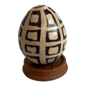 Vintage Peruvian Chulucanas Pottery Egg Figurine Ceramic Art with Wood Stand 6”